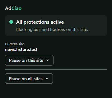 The AdCiao popup: AdCiao wordmark, the status “All protections active — Blocking ads and trackers on this site”, the current site, and buttons “Pause on this site” and “Pause on all sites”.
