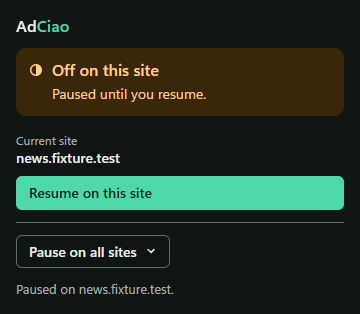 AdCiao popup with the status “Off on this site — Paused until you resume” and a “Resume on this site” button.