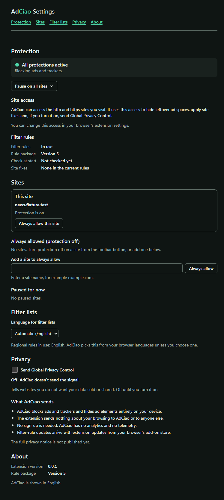 AdCiao Settings page with the sections Protection, Sites, Filter lists, Privacy and About, showing “All protections active”, site access, filter rules in use and the current site.